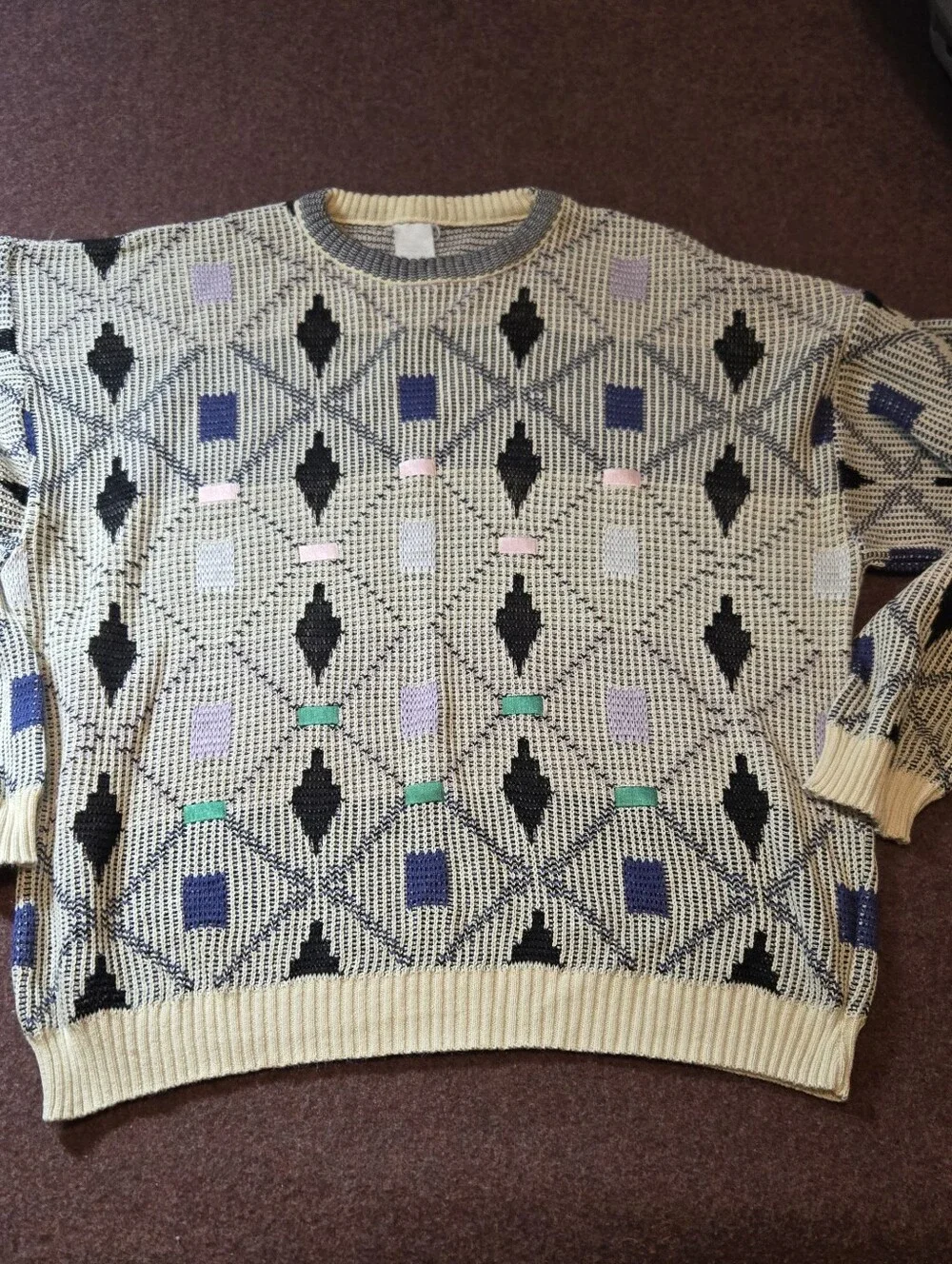 Vintage Geometric Sweater Cotton Blend Made In Italy Size Large 80s